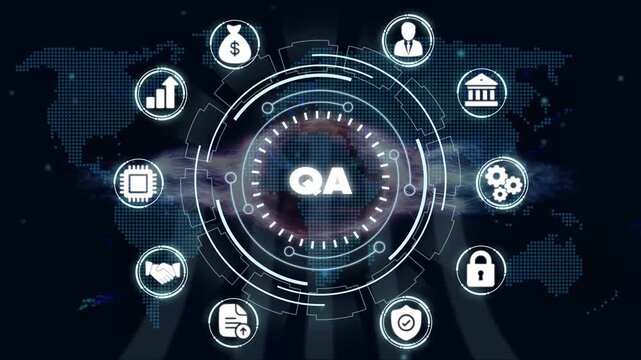 Q A Assurance Business on Dark Background with Map Technology and Finance Symbols business technology