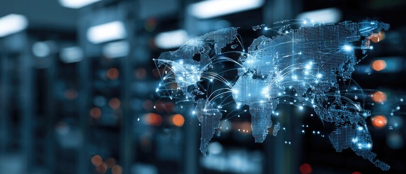 A digital map of the world made up of small blue dots and lines, set against a blurred background of computer servers and data storage systems.