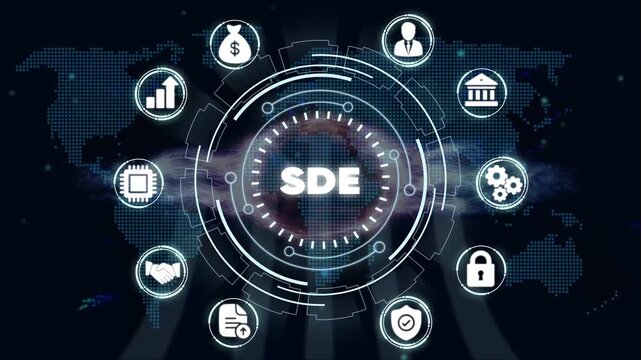 S D E Software Defined Everything Technology Concept with and Map Background for Business Finance and Innovation
