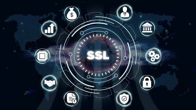 S L Secure Sockets Layer cybersecurity concept with for encryption, finance, and communication on a map background