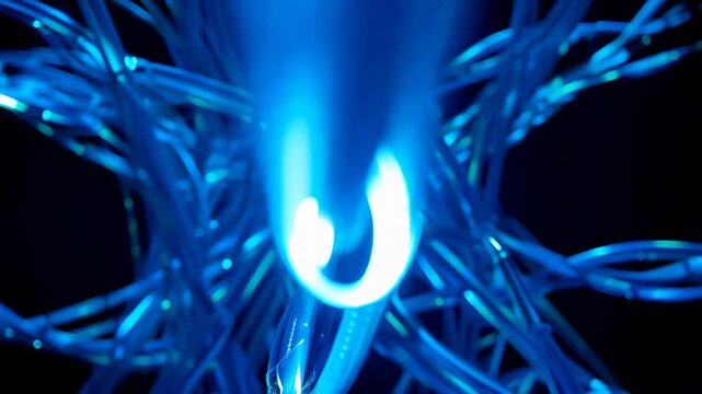 Abstract glowing blue fiber optic cables. Futuristic data transfer technology background.