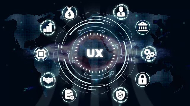 U X concept with user experience on a map background for business and technology applications finance
