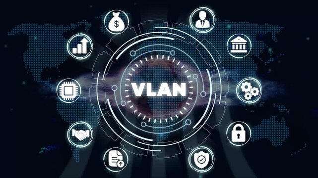 Virtual Local Area Network V L A N Technology Concept with and Map in Background for Business Finance and Networking