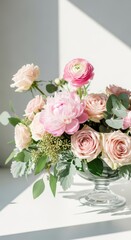 Obraz premium A luxurious blush floral centerpiece arrangement for Valentine's Day, photographed with dreamy, soft focus lighting and shadow play, pink, Valentine, shadow