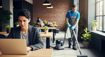 Professional business woman working on laptop in modern office while janitor cleans floor