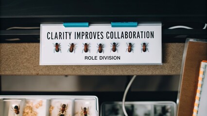 Ants representing role division and improved collaboration on a sign emphasizing clarity in the workplace.