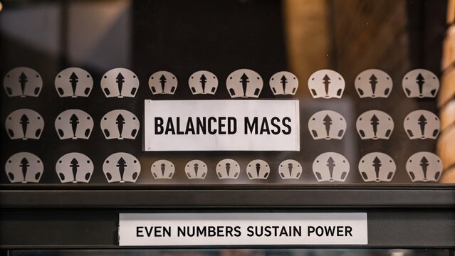 Balanced Mass and Even Numbers Sustain Power text with symmetrical icon repetition on a surface