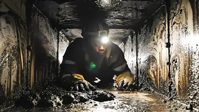 Industrial worker wearing headlamp crawling through narrow confined space filled with black grease and sludge during maintenance inspection