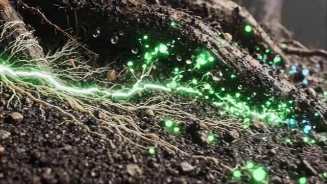 Plant Roots Energized by Glowing Green Soil Microbes and Water Droplets