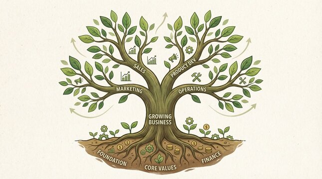 Business Growth Tree Metaphor Illustrating Company Structure, Strategy, and Core Values
