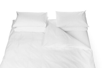 Comfortable bed with clean linens isolated on white, top view