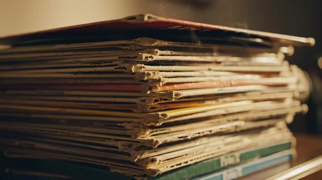 Stack of old vinyl records and covers, vintage music collection, nostalgia, retro sound