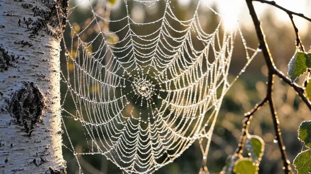Dew Drops on Spider Web with Morning Sun, Close-up Nature Macro