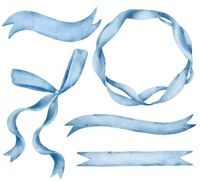 Blue Watercolor Ribbon Illustration Set with Bow, Banner, and Round Wreath Frame for Wedding Invitations and Spring Designs.