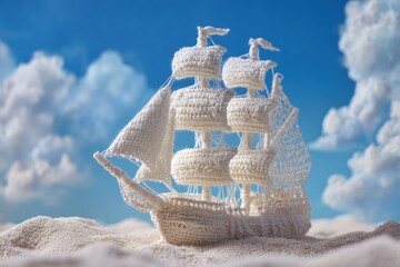 Obraz premium Intricate Crochet Ship Against a Blue Sky with Clouds.