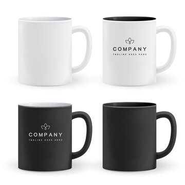 Realistic white and black mug mockup set with logo placement. Cup for branding, corporate identity, coffee or tea merchandise
