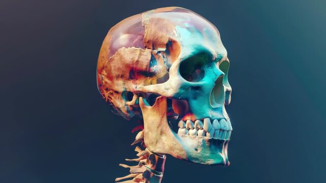 of a human skull with an overlay of colorful abstract shapes and patterns.