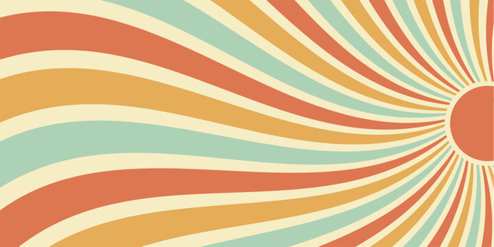 Groovy retro sun burst wavy background with orange and yellow wave in y2k sunshine style. Abstract sun and burst motif, horizontal orientation, vibrant graphic for playful visual context.