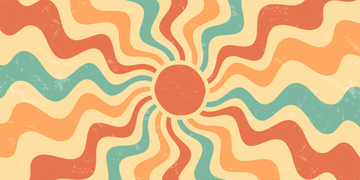 Retro groovy sun burst with bold orange and yellow ray in a grunge effect. Wavy sunshine and y2k sun graphic create an abstract horizontal background for vibrant summer style visuals.