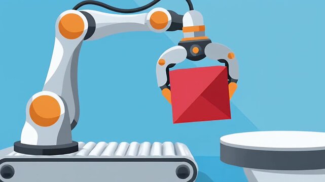 Robotic arm above red cube on conveyor belt