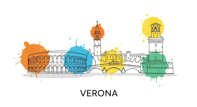 Artistic Representation of Verona&rsquo;s Landmark Architecture in Colorful Illustrations