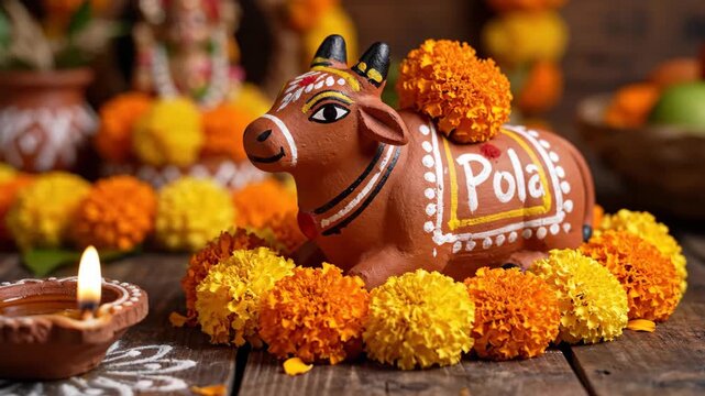 Traditional Pola festival decoration with clay cow and marigold flowers on wooden surface. Pola celebration features vibrant marigold and decorative elements, symbolizing gratitude in Hindu cultures.