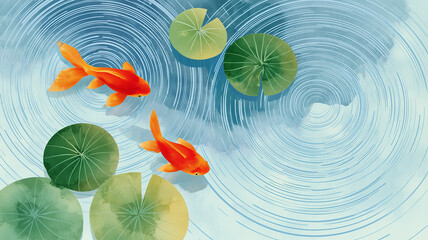 金魚と蓮の葉の和風イラスト背景｜夏の涼感・お中元・残暑見舞い用素材