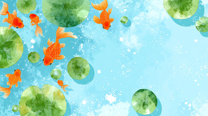 金魚と蓮の葉の和風イラスト背景｜夏の涼感・お中元・残暑見舞い用素材