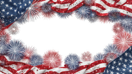 Frame of Red white and blue fabric with fireworks set for a celebration in the United States with copy space