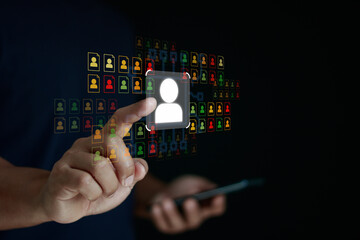 Businessman hand selecting digital user profile from data network. Customer targeting, client behaviour, people analytics, audience, modern digital marketing business strategy, recruitment technology.