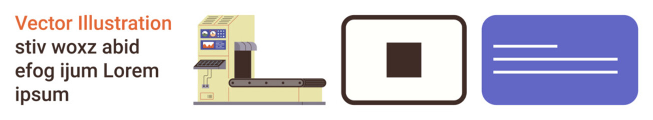Obraz premium Industrial technology, production line, user interface design, automation, manufacturing, text placeholder. Conveyor system with icons and a textbox design. Industrial technology and production line