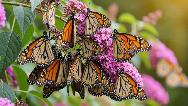Monarch Butterflies Cluster on Purple Flowers, Nature's Migration Wonder