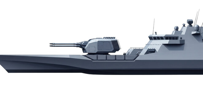 A large grey warship with a prominent gun turret against a black background