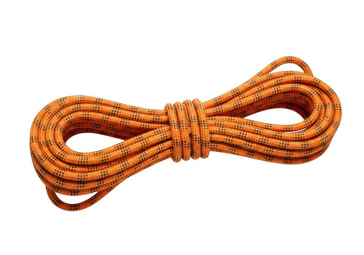 A neatly coiled orange rope with black markings on a solid black background