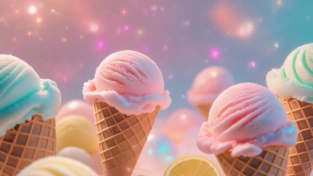 Dreamy Pastel Ice Cream Cones Glowing with Bokeh Candy Background 4K