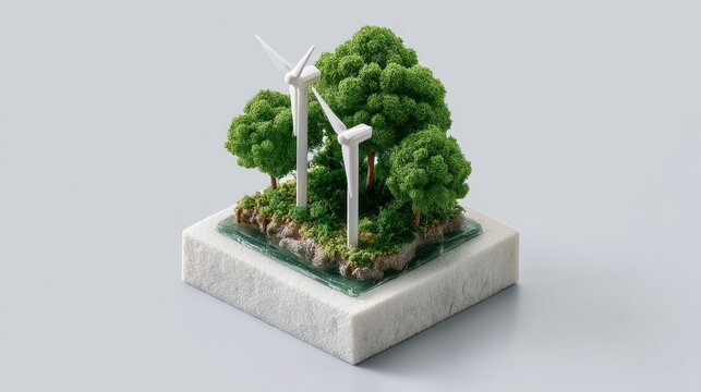 Miniature model of sustainable energy featuring wind turbines and green trees on a textured base, showcasing the potential of renewable resources and environmental awareness
