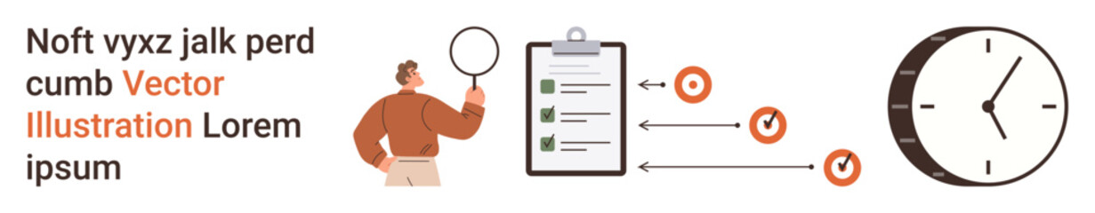 Project planning, productivity, workflow management, task completion, efficiency, time tracking. A person with a magnifying glass, checklist and clock. Workflow management and task completion