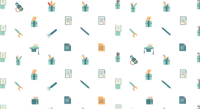Educational and Office Supplies Pattern: Pencils, Caps, Wrenches, and Documents in a Repeating Design.