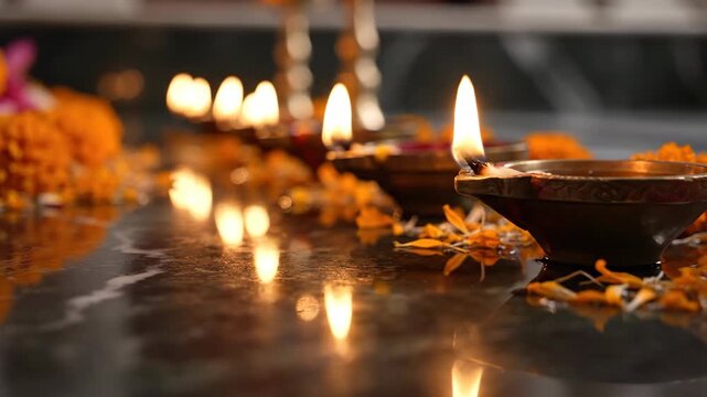Traditional Diwali decoration with oil lamps and marigold flowers on dark surface. Diwali festivities include lit diyas, flowers, and sweet offerings.