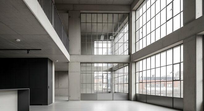 Brutaliststyle loft interior with raw concrete walls a mezzanine and vast black metalframed industrial windows. Minimalist Interior Design