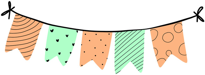 Whimsical Party Bunting Flags with Simple Geometric Patterns and Cute Hearts, Festive Celebration Decoration, Hand-Drawn Style, Isolated on White Background