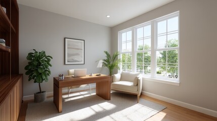 Fototapeta premium Modern minimalistic home office space with large windows, sleek desk, comfortable chair, greenery, and natural light for a productive work environment