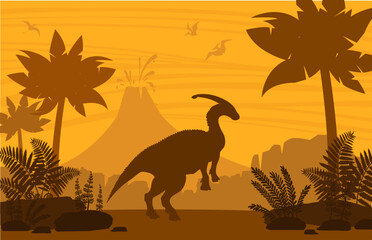 Silhouette of dinosaurs on nature landscape - eruption volcano, palm trees and prehistoric ferns. Vector illustration with ancient parasaurolophus and pterodactyls.