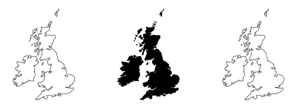 Stylized Simple Basic British Isles Island Map including Ireland and Great Britain Icon Set with Various Styles including Outline Contour and Flat Solid Silhouette. Vector Image.