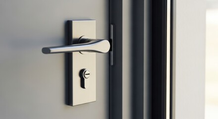 Modern Metal Door Handle and Lock with Keyhole on Gray Door