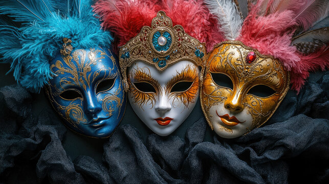 A flatlay composition featuring various Venetian carnival masks on dark velvet. Masks of Bauta, Columbina, and Medico della Peste, feathers, background, text space, theater, art, masquerade