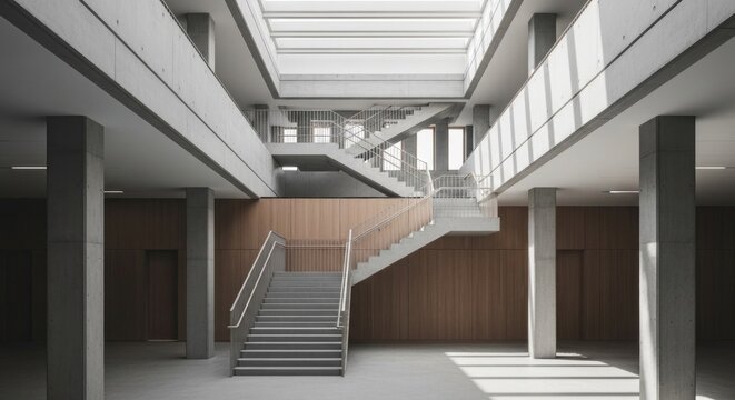 Modern concrete and wood interior with atrium and staircase