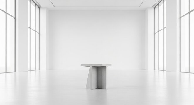 Minimalist white gallery space with modern stone pedestal and large windows