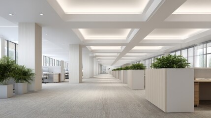 Obraz premium Modern Bright Office Interior with Open Layout, Large Windows, Green Plants, and Functionally Designed Workstations for Productive Environment
