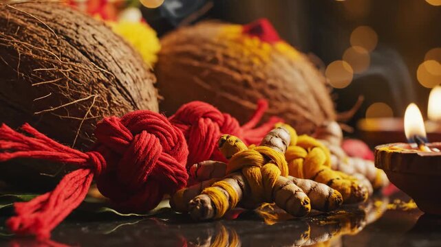 Traditional Hindu puja with coconuts, vibrant marigold flowers, sacred threads, and oil lamps. Rituals include offerings of coconuts and turmeric for blessings during festive celebrations.